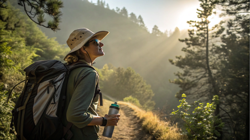 Hiker with backpack and sun hat for UV radiation protection. Hiking trail and scenic view.